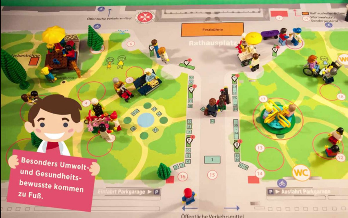 Ein animierter Film mit Lego-Figuren zeigt verschiedene Möglichkeiten, umweltschonend zum Fest am Rathausplatz am 30. September in Wien anzureisen. Foto: vimeo/evangelisch sein 