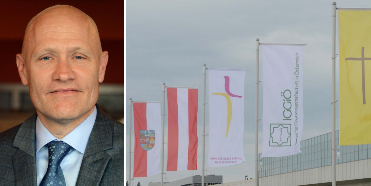Superintendent Matthias Geist fordert eine sichtbare Gestaltung des „Campus der Religionen“, auf dessen Konzept bislang nur Fahnen aufmerksam machen. Fotocollage: Evangelische Kirche A.B. in Wien, kathbild/Rupprecht