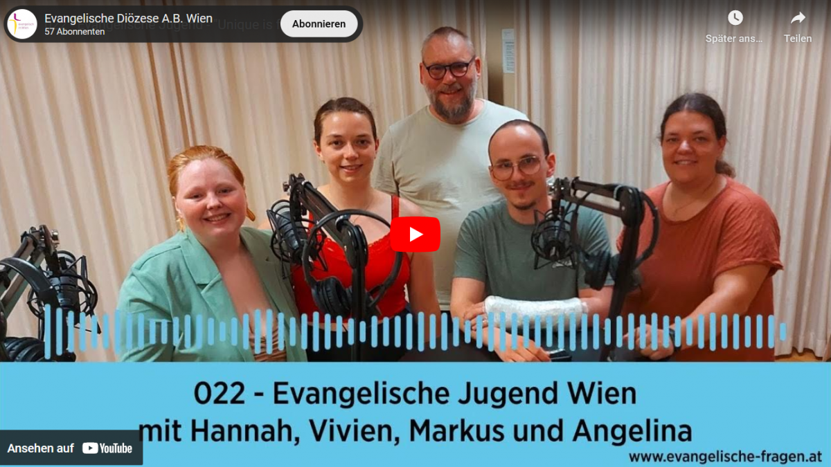 Hannah Rippel, Vivien Heyer, Markus Nemetz, Vivien Heyer und Jugendreferentin Angelina Ahrens haben Fragen und Antworten zum „Unique“-Event und zur Mitarbeit in der Evangelischen Jugend in der aktuellen Folge des Podcasts „Evangelische Fragen – evangelisc